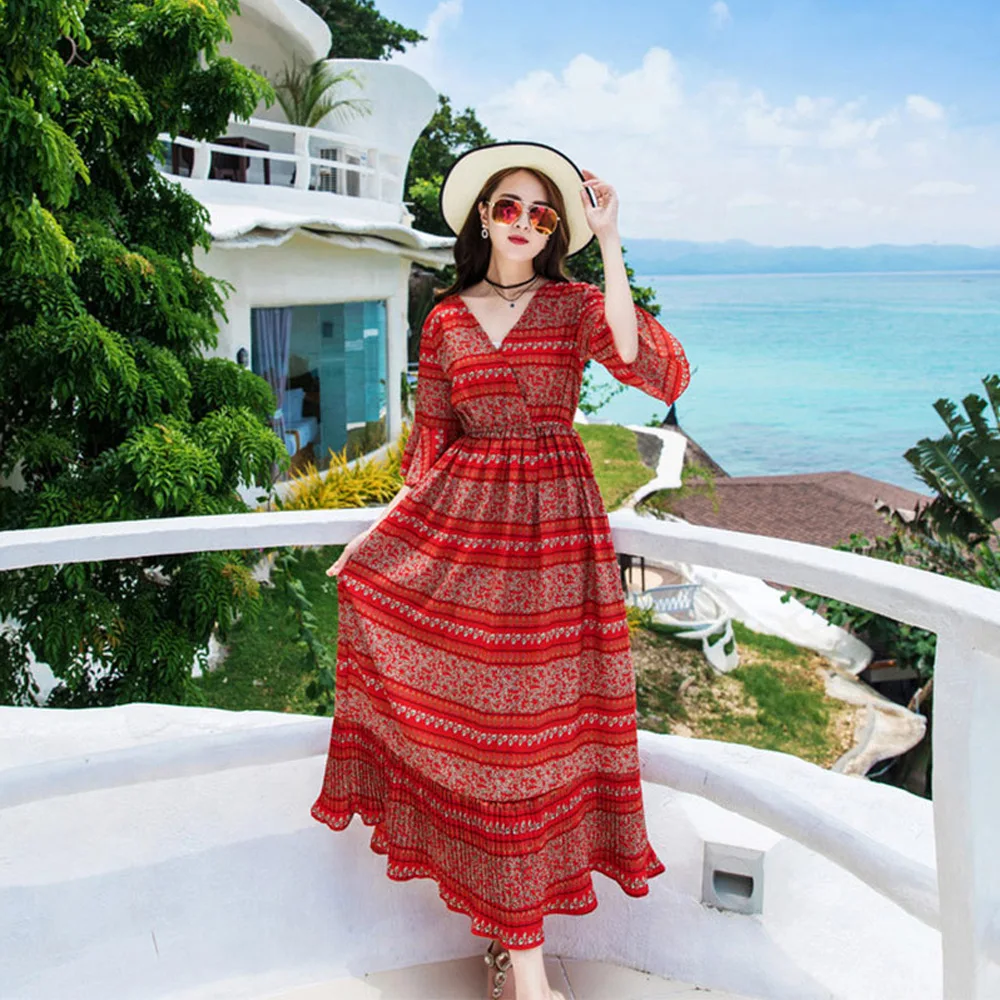 Бохо стиле летнее платье богемный Цветочный принт с расклешенными рукавами