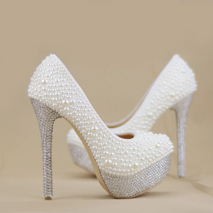 

High heeled white dress, wedding shoes, pearl diamond, crystal shoes heels big size, adult shoes, bride's wedding shoes 43 size