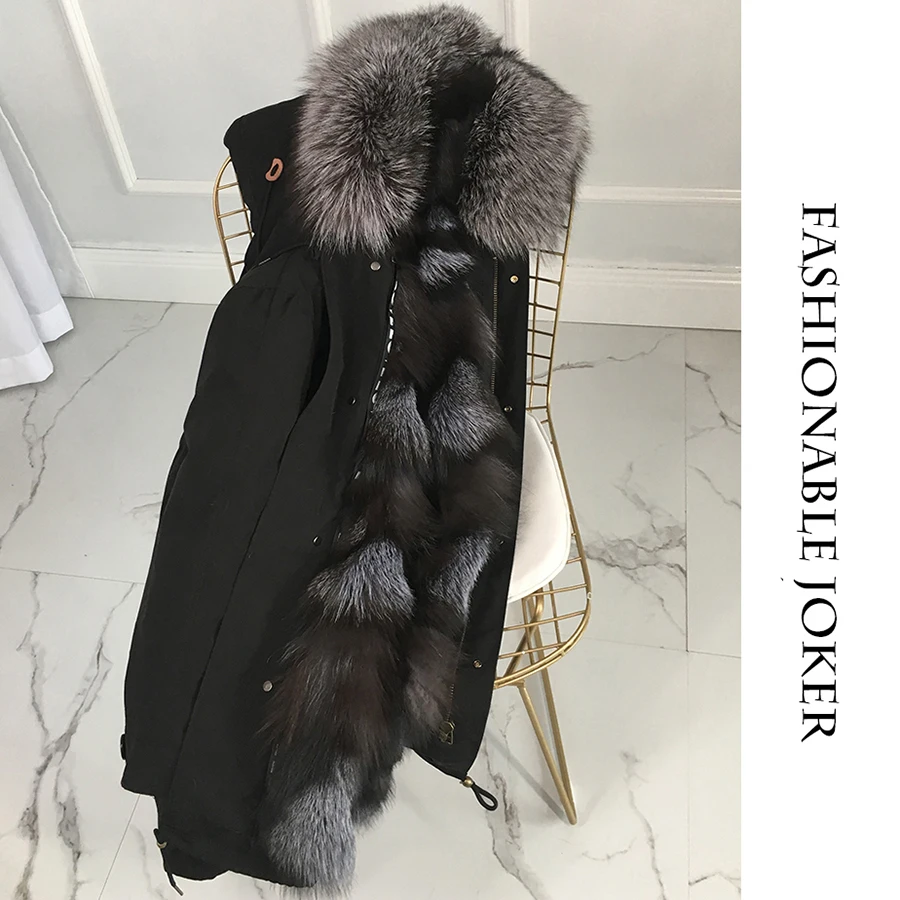 Winter Parka With Hood Coat Silver Fox White Fur Patchwork Lined Long Jackets For Women Plus Size | Женская одежда