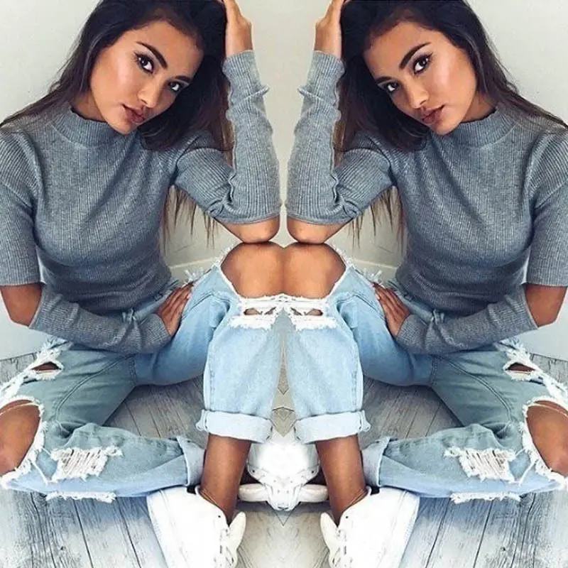 Новые модные женские повседневные облегающие Топы с длинным рукавом и высоким