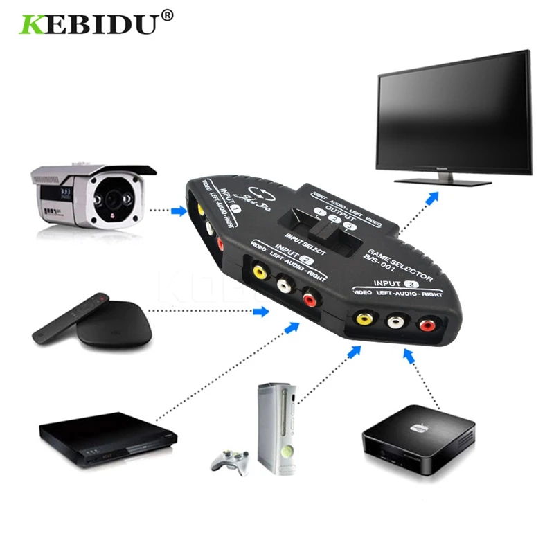 Kebidu черный 3 порта видео игровой коммутатор селектор сплиттер аудиокабель AV RCA
