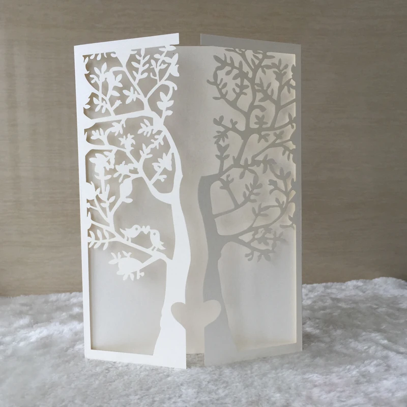 

50pcs Laser Cut 250gsm Pearl Paper Christening & Baptism Greeting Blessing card tree with bird Design Wedding Invitation Cards