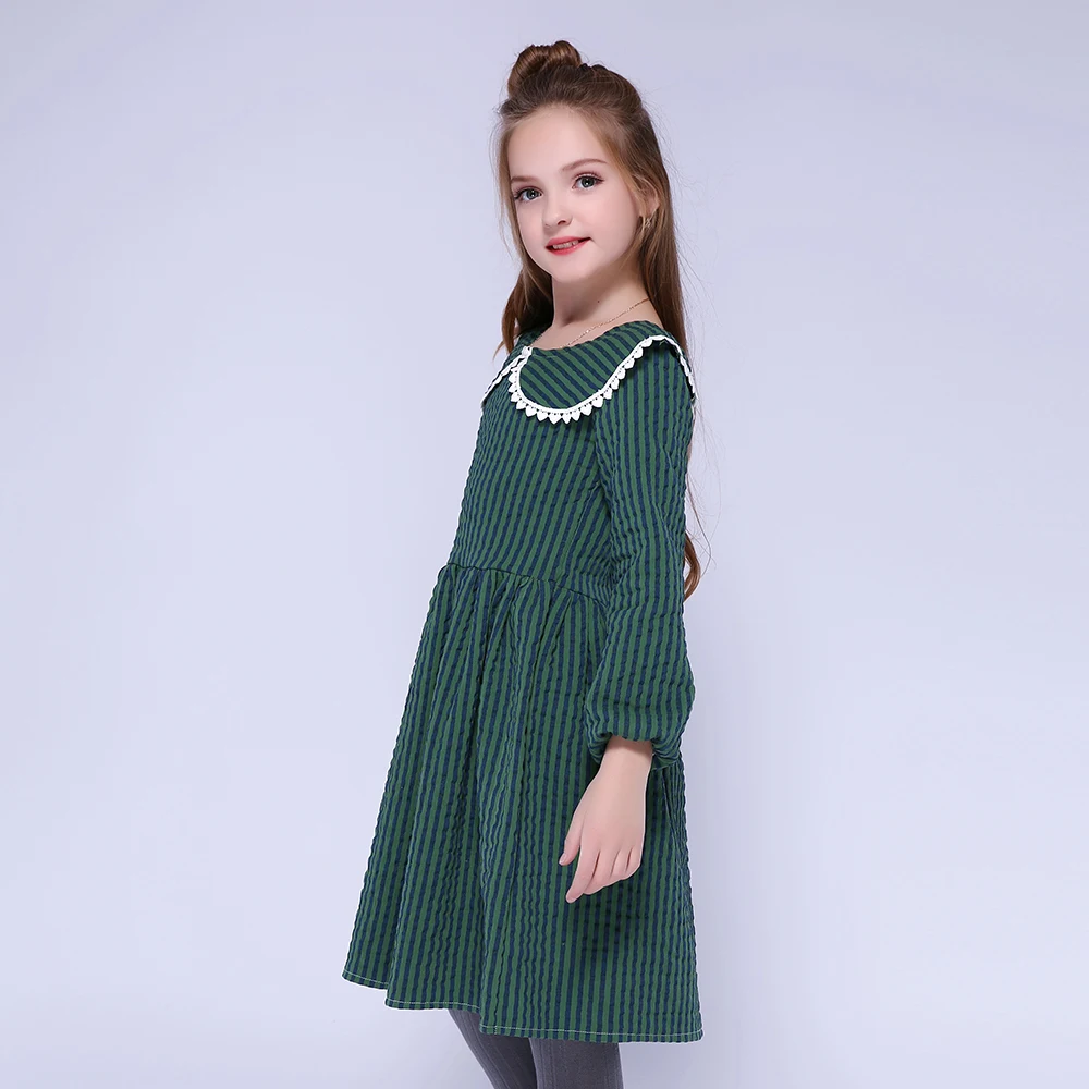 Kseniya/детское праздничное платье для девочек 8-10 лет; хлопковое кружевное платье в полоску с воротником «Питер Пэн» для девочек; плотная зимняя одежда с длинными рукавами для девочек