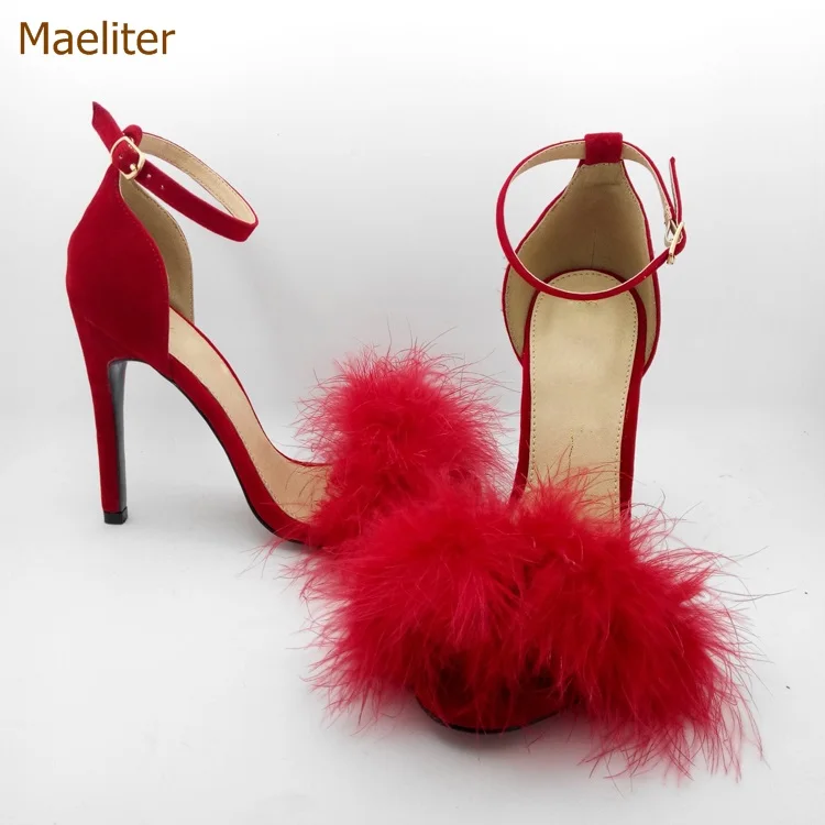 Лидер продаж изысканные красные черные замшевые меховые сандалии красивые туфли
