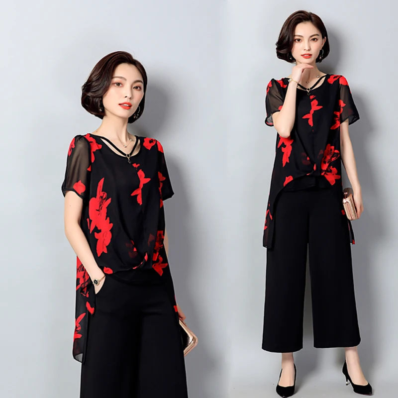 

Large size ladies' wide-legged pants two-piece outfit print loose top chiffon blouse black loose trousers big women clothing 5XL