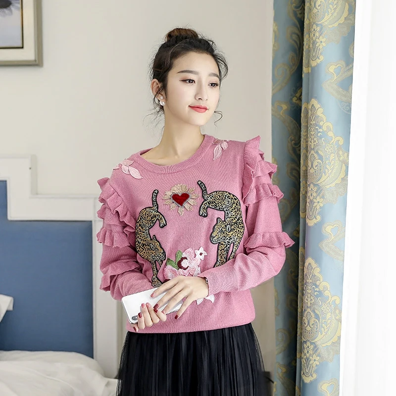 Luxury Embroidery Sweater 2019 Autumn Winter Women's Long Sleeve Flower Animal Heart Ruffles Knitted Pullovers And Sweaters | Женская