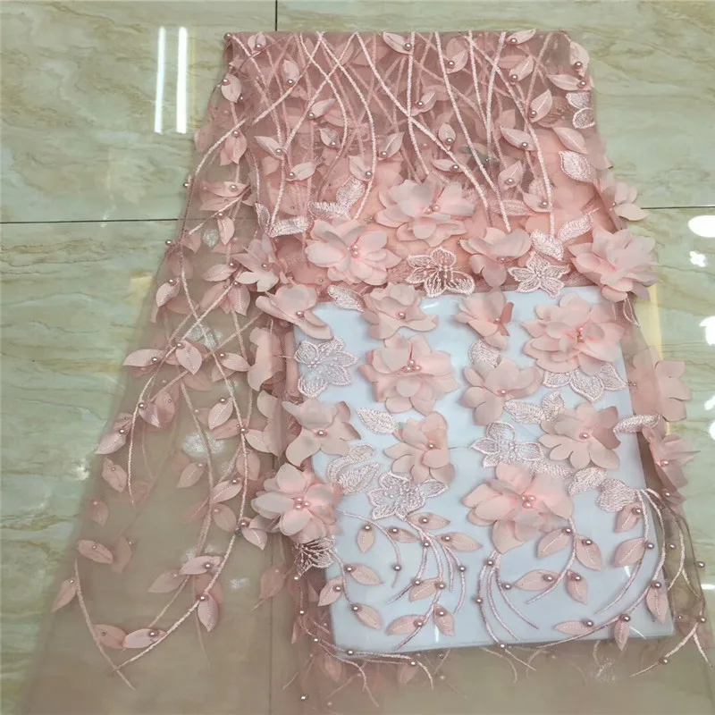 3D Африканский цветок вышитые Тюль Кружева с бисером Африки кружевной ткани 2019