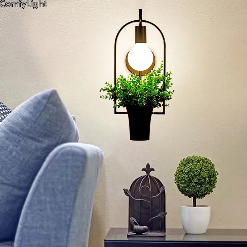 Potted Plant wall Light Garden Creative Modern Lightshade Flower Pots for Growing Herbs black iron LED E27 kid room cafe lamp | Лампы и