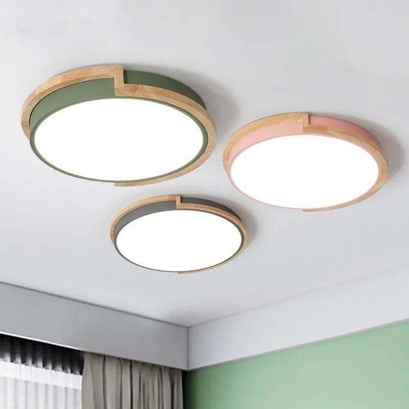 Wood Circular Led Ceiling Light Surface Mount Remote Control Multicolour Foyer Bedroom Restaurant Ceiling Lighting Fixtures