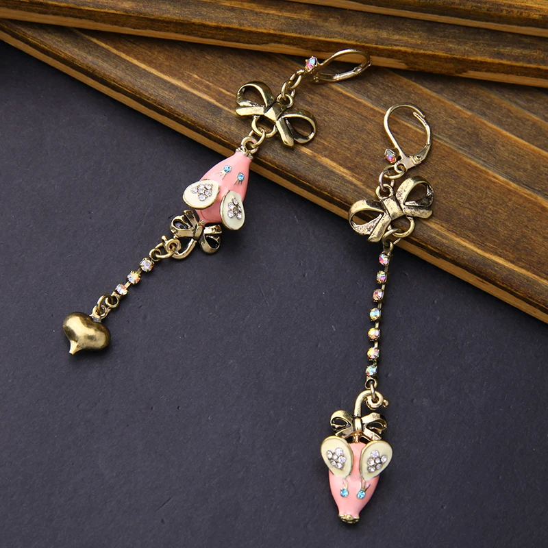 Длинные серьги с розовым и черным камнем в форме мыши для девочек|long drop earrings|long