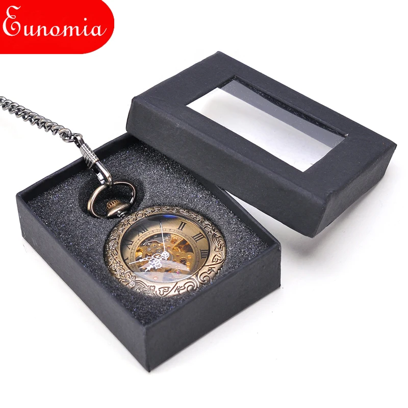 Круглые бронзовые прозрачные Механические карманные часы с цепочкой для ключей