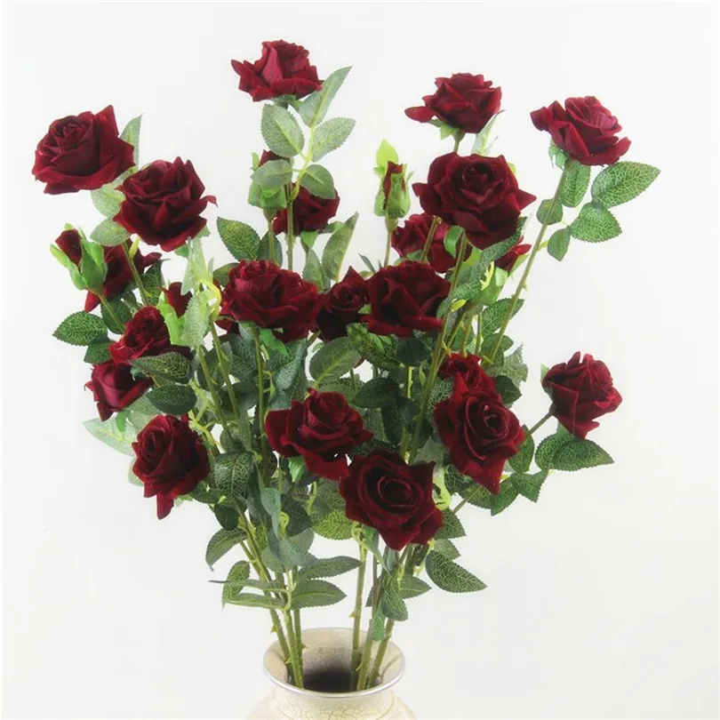 

10pcs Artificial Long Stem Eose 5 Heads Velvet Roses Simulated Flowers Red/Pink/Cream/Burgundy Color Rose Flower Branches