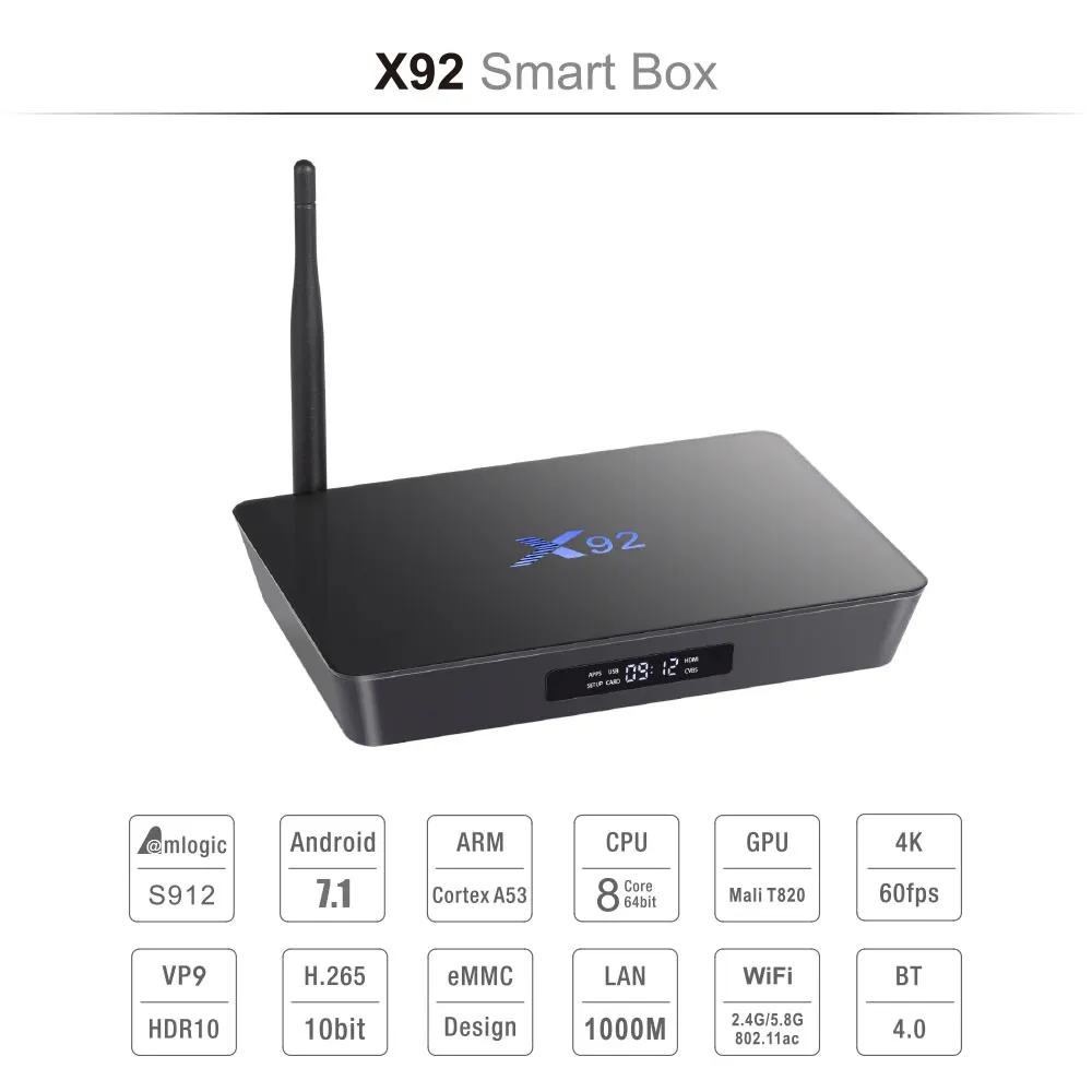 ТВ приставка X92 с восьмиядерным процессором Amlogic S912 ОЗУ 2 Гб ПЗУ 3 ГБ 16 32 Android 7 1 4 ГГц