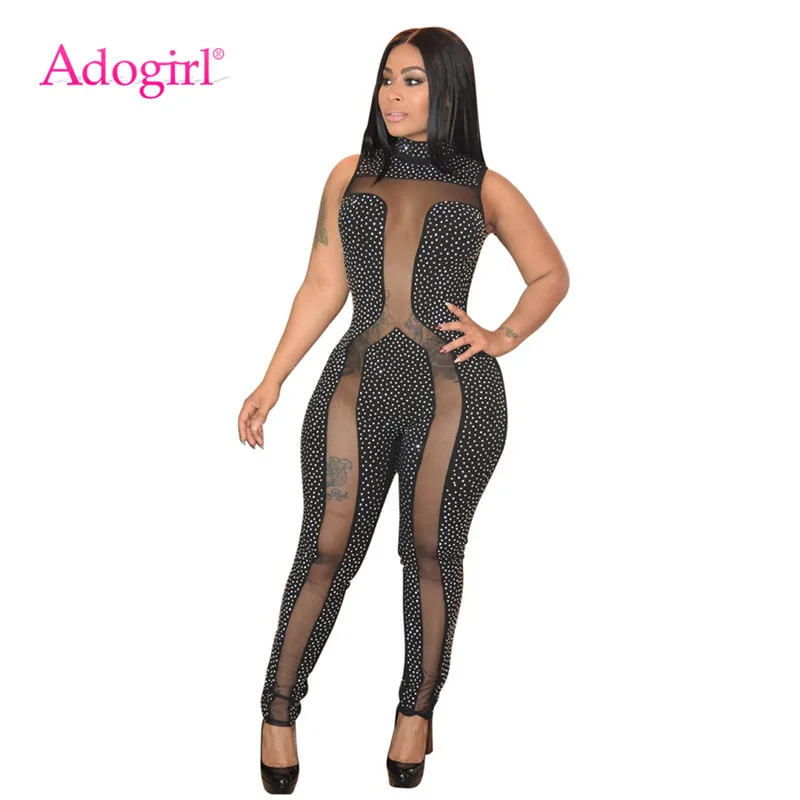 

Adogirl Diamonds Sheer Mesh Patchwork Bandage Jumpsuit Women Sexy Mock Neck Sleeveless Club Party Romper Performance Outfits