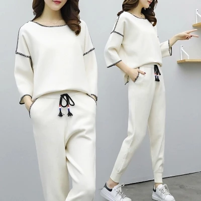 

2018 Women's Spring and Autumn New Long Sleeve Women Fashion Knit Two-piece Jacket + Pants Korean loose casual suit