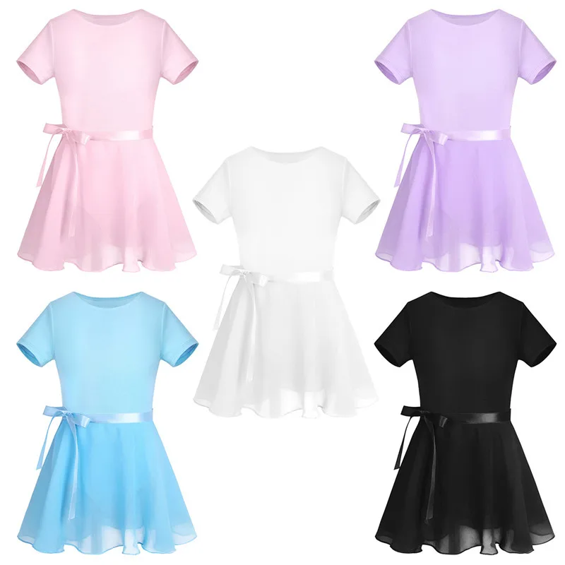 

Kids Ballet Leotards with Chiffon Tied Skirt Ballet Dress Bodysuit Tutu Children Polyester Cotton Gymnastics Leotard for Girls