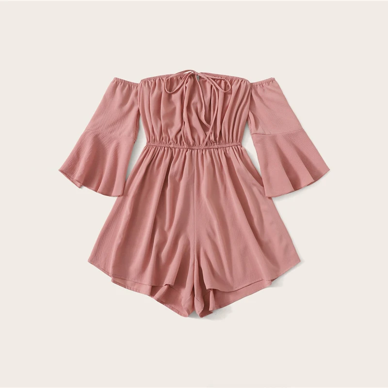 Dotfashion розовый однотонный комбинезон с завязками спереди и открытыми плечами для женщин летний повседневный комбинезон с рукавами-воланами для девушек с высокой талией и широкими штанинами