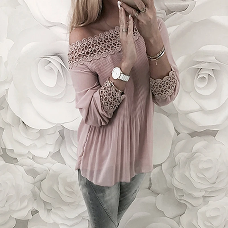 

Women blouse shirts Long Sleeve Pleated Sexy Off Shoulder blouses Hollow Out Lace women Shirts Tops Blusas WS5659M