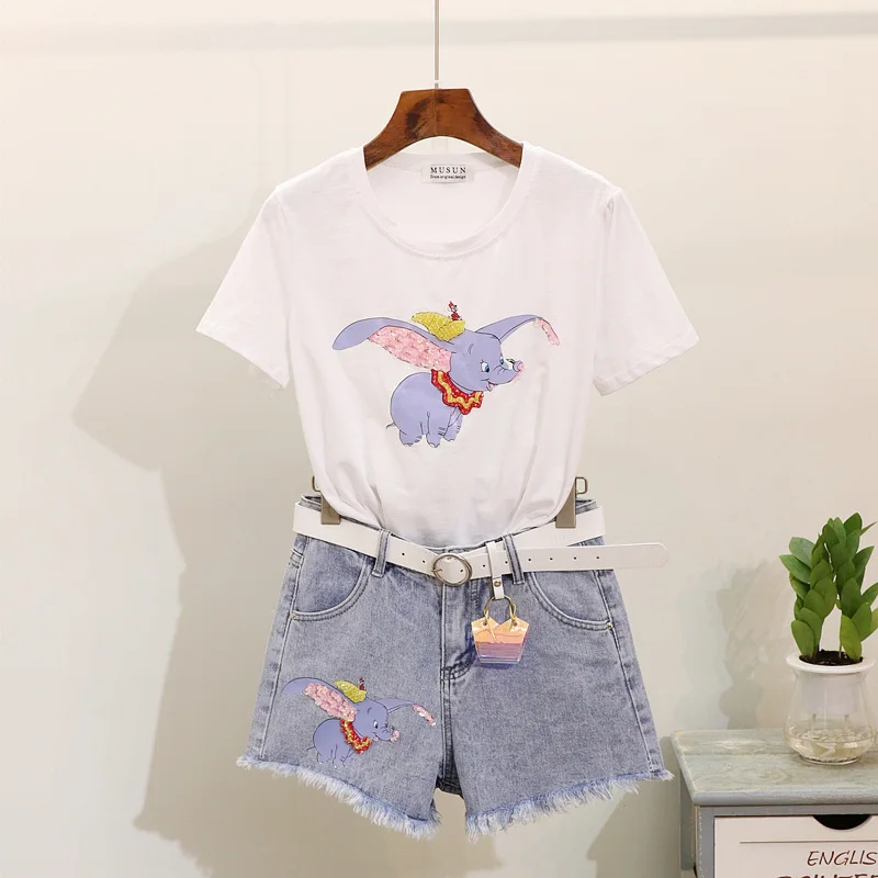 Модная женская футболка Летняя новая расшитая бисером блестки Маленький слон