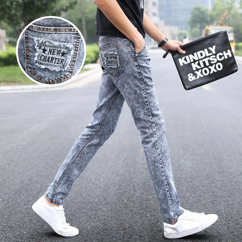 

Fashion 2020 Spring Autumn Casual elastic Skinny jeans men snowflakes feet youth casual Grey Teenagers Hip hop Pencil pants