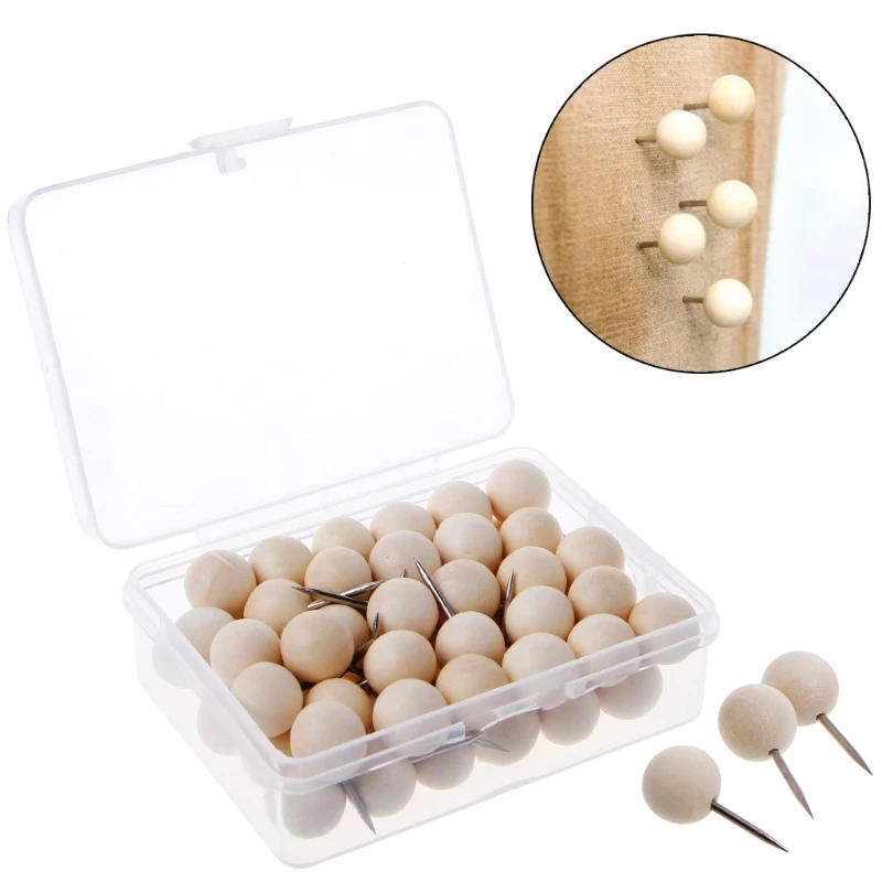 

60 Pcs Round Wooden Thumbtack Creative Decorative Drawing Push Pins Wood Head