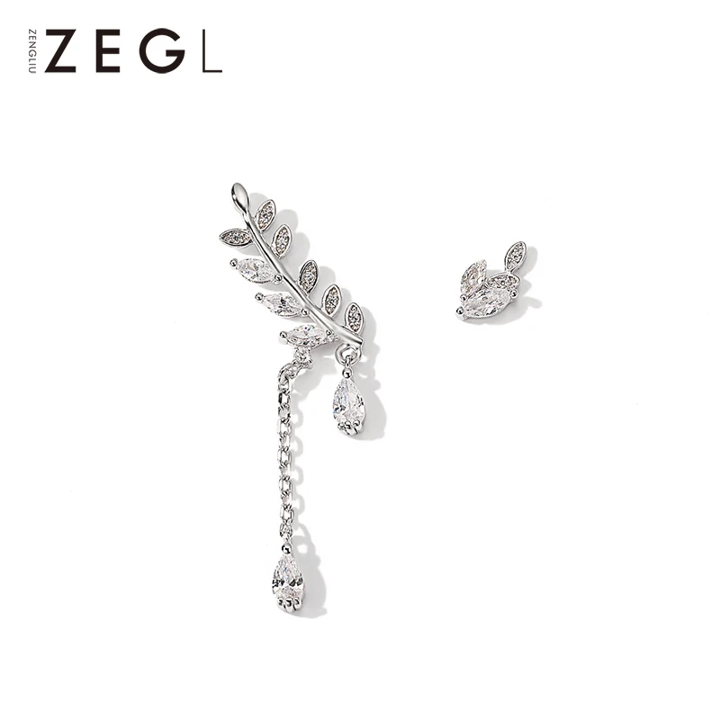 Женские асимметричные серьги ZEGL Стерлинговое Серебро в виде листьев Корейском