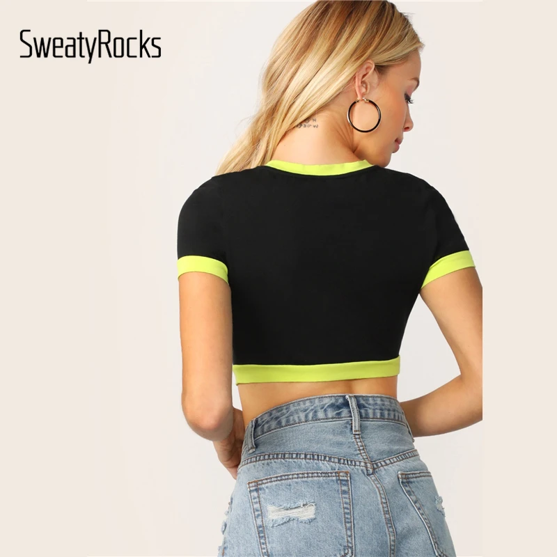 SweatyRocks Neon Ringer, цветной укороченный топ, женские сексуальные черные футболки с коротким рукавом, летняя уличная одежда, топ, женские футболки