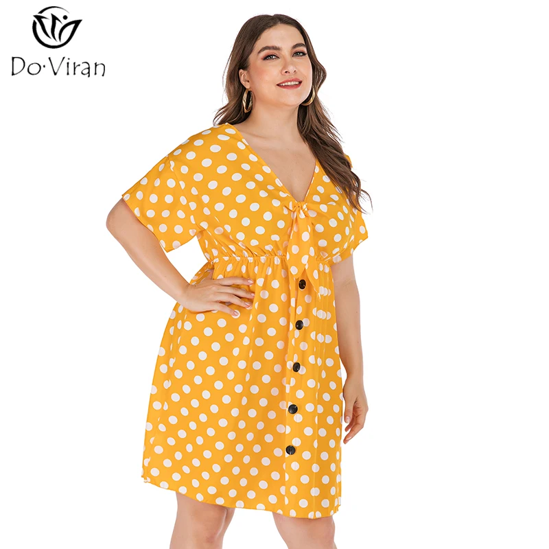 Летнее женское платье плюс размер с v образным вырезом желтая точка ретро Макси