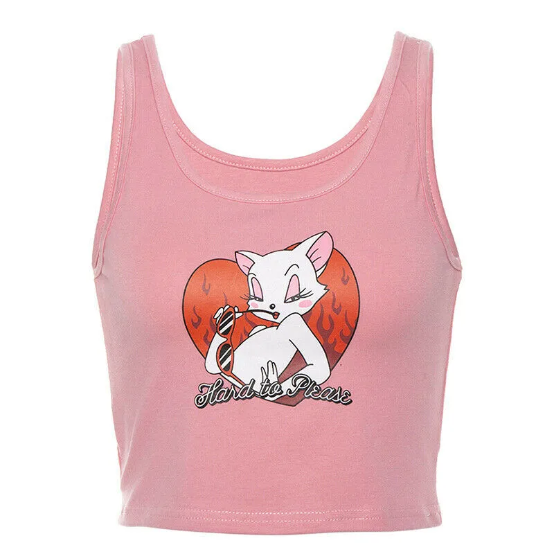 Женский укороченный топ без рукавов облегающая Розовая Майка с мультяшным
