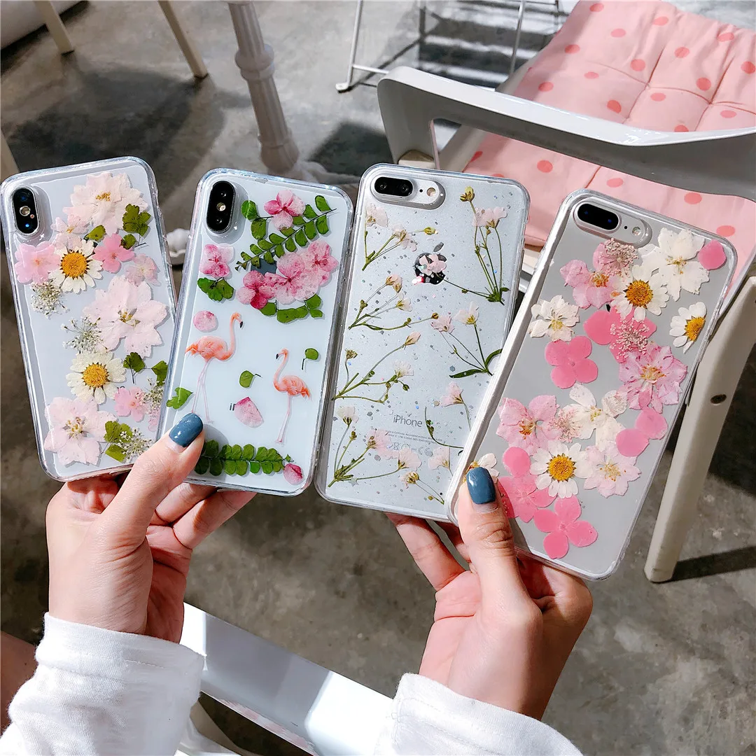 Dried Real Flower Phone Cases For iphone 6 6s plus 7 8 Plus X Transparent Soft TPU Case Back Cover |