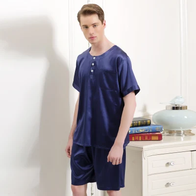 Dark blue 17005 бренд YIER летняя Тяжелая шелковая пижама мужские пижамы мужские шорты с коротким рукавом наборы шелковые пижамы мужские пижамы - Цвет: Dark blue