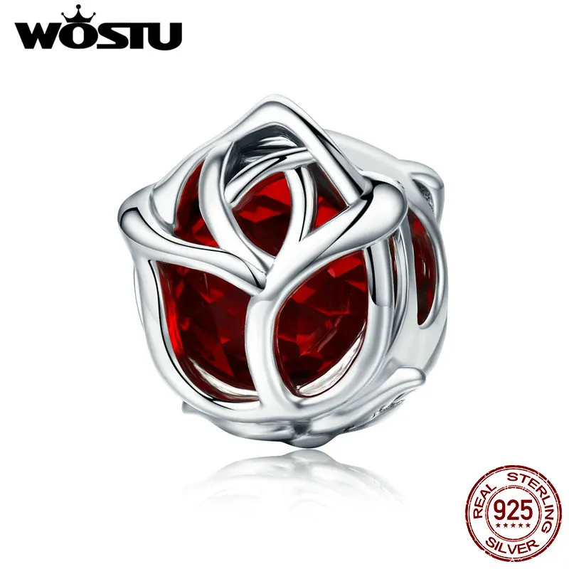 WOSTU, новинка, натуральная 925 пробы, серебряный, романтичный, красный, кристалл, ажурная Роза, бусины для моды, женский браслет, CQC568