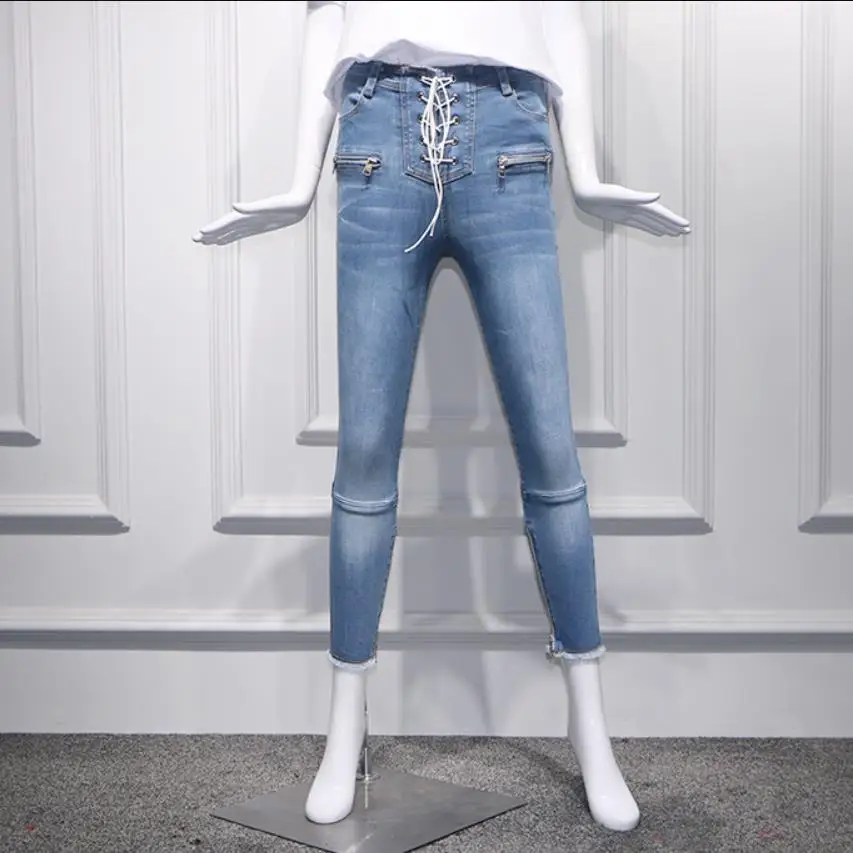 Модные брендовые темпераментные Завязывающиеся узкие бандажные джинсы на весну