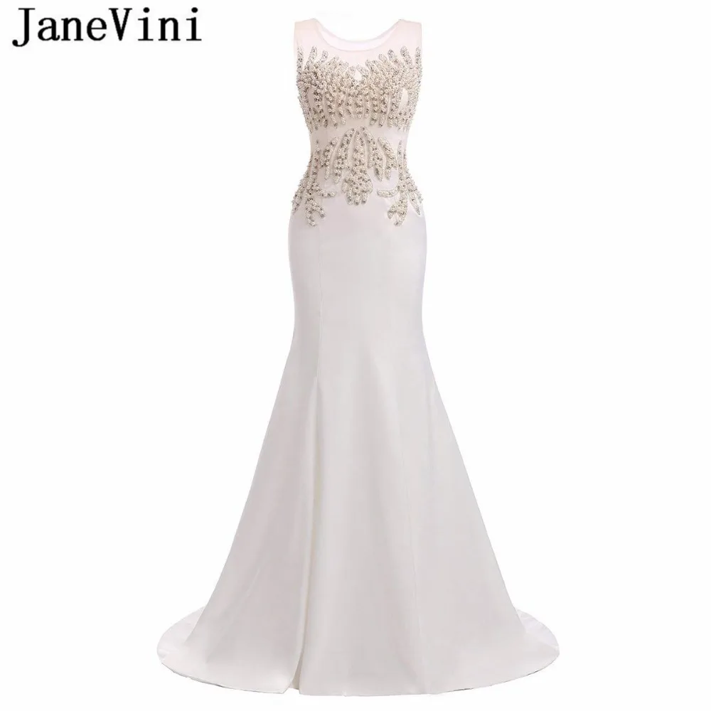 

JaneVini Elegant White Long Bridesmaid Dresses for Women Beaded Pearls Scoop Neck Mermaid Formal Prom Gowns Robe Longue Satin