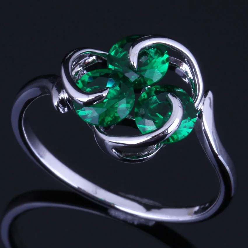 

Marvelous Three Stones Round Green Cubic Zirconia Silver Plated Ring V0690