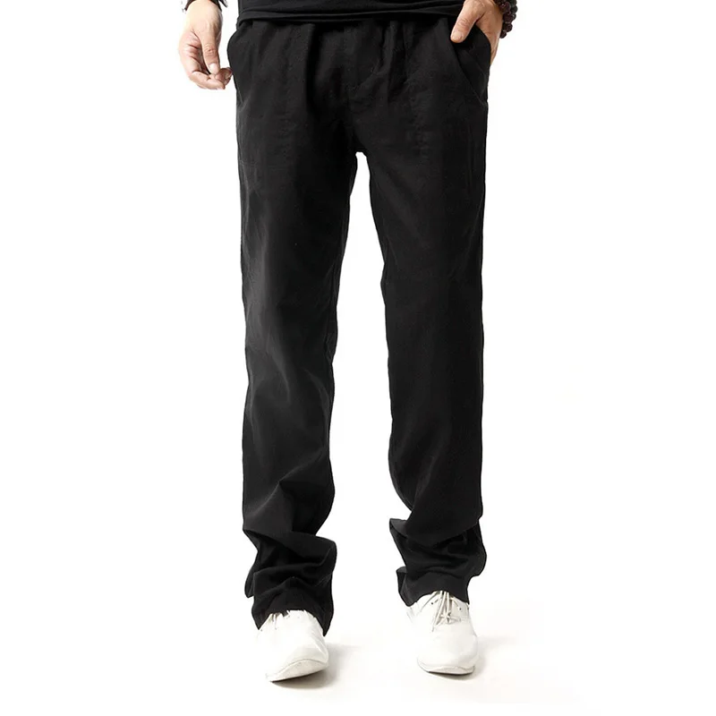 Мужские льняные брюки 5 цветов свободные хлопковые с эластичным поясом 4XL для