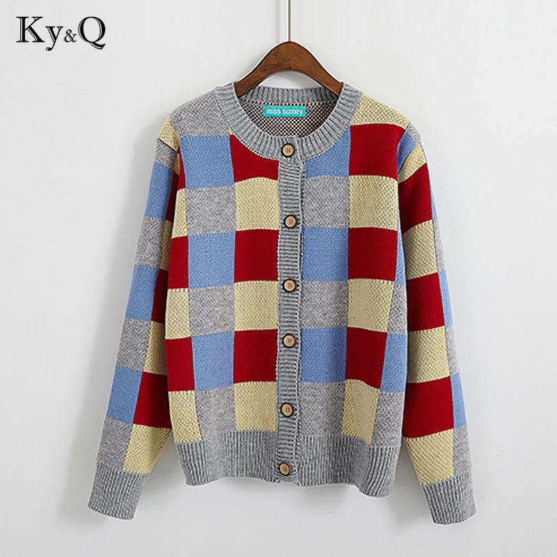 2018 Winter Colorful patchwork plaid sweaters womens sweet cardigans Long Sleeve Female Girl outwear coats Knitted Clothing |
