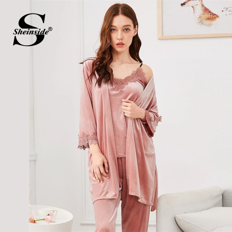 Sheinside, контрастный кружевной пижамный комплект на бретельках с рукавом 3/4, подпоясанный халат, весна, женские розовые пижамные комплекты, Пижамные брюки