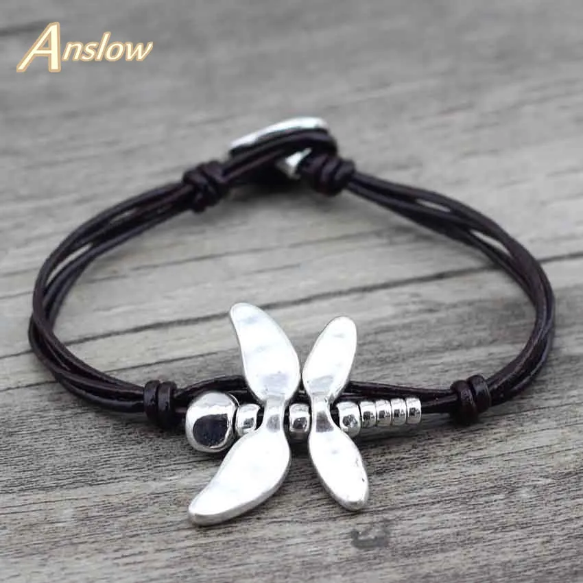 Бренд Anslow высокое качество модные ювелирные изделия Ретро стиль Drongfly кожаный