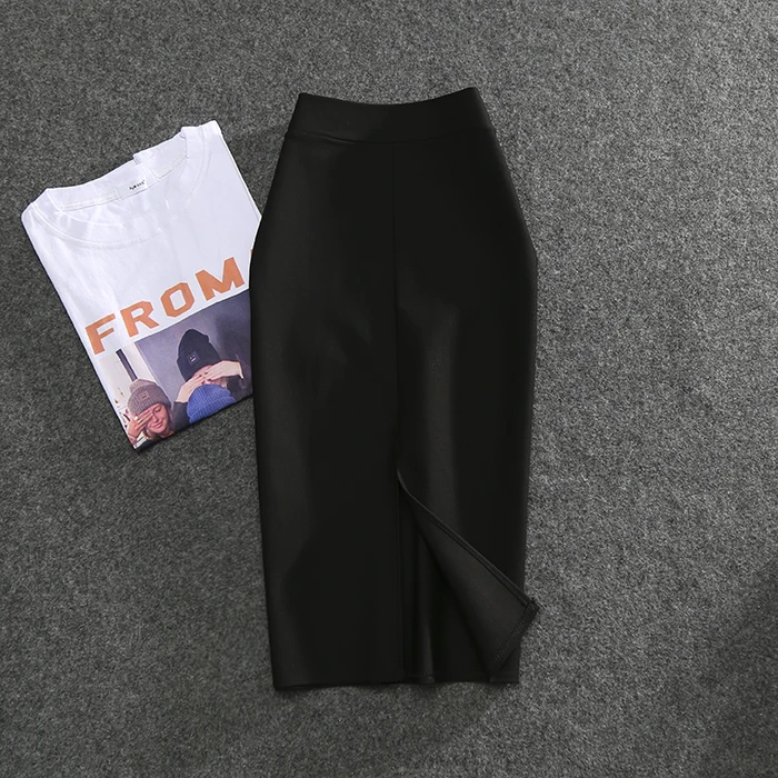 Черный Women Pencil Skirt High Waist Solid Color Slim Office Skirt Casual Tight Package Hip One Step Skirt Pink Yellow Blue Hot 2495LY - Цвет: Черный