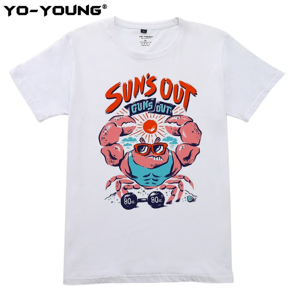 Yo-Young Мужская футболка Веселая Краб Sun's Out guns с принтом 100% 180 gsm чесаная хлопковая