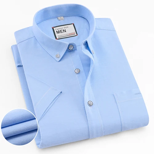 Light Blue Мужская Тонкая Однотонная рубашка с коротким рукавом, Стандартная посадка на пуговицах, удобные мягкие Оксфордские хлопковые рубашки - Цвет: Light Blue
