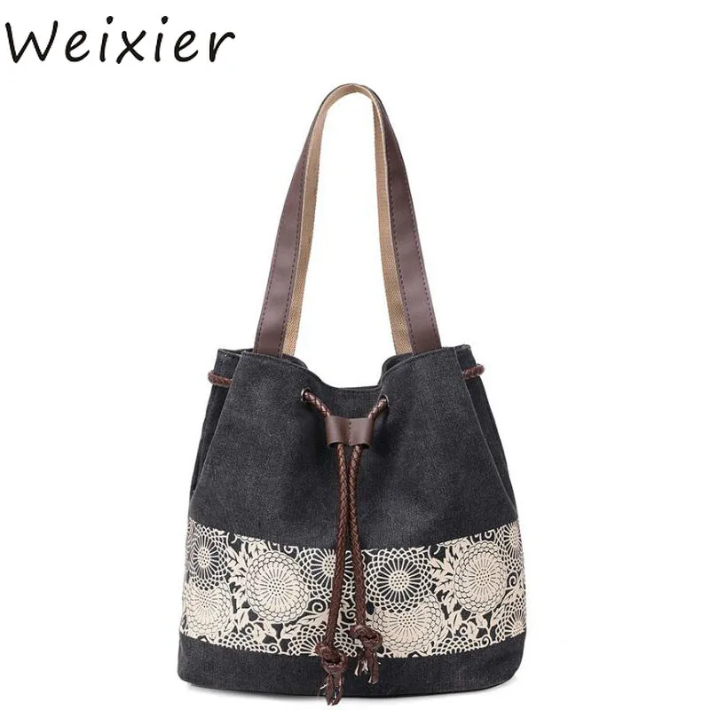 

WEIXIER Retro Vintage Top-Handle large totes Canvas For Women Bag Canvas Shoulder Bag Ethnic Style Floral Print Handbags V3-74
