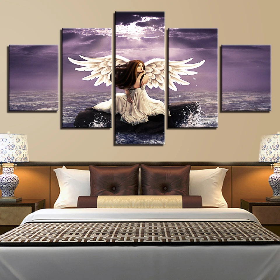 Printing Scenery Canvas Pictures Decor Modern Wall 5 Pieces Girl Angel Wings And Sea Water Painting Framework Modular Poster Art | Дом и сад