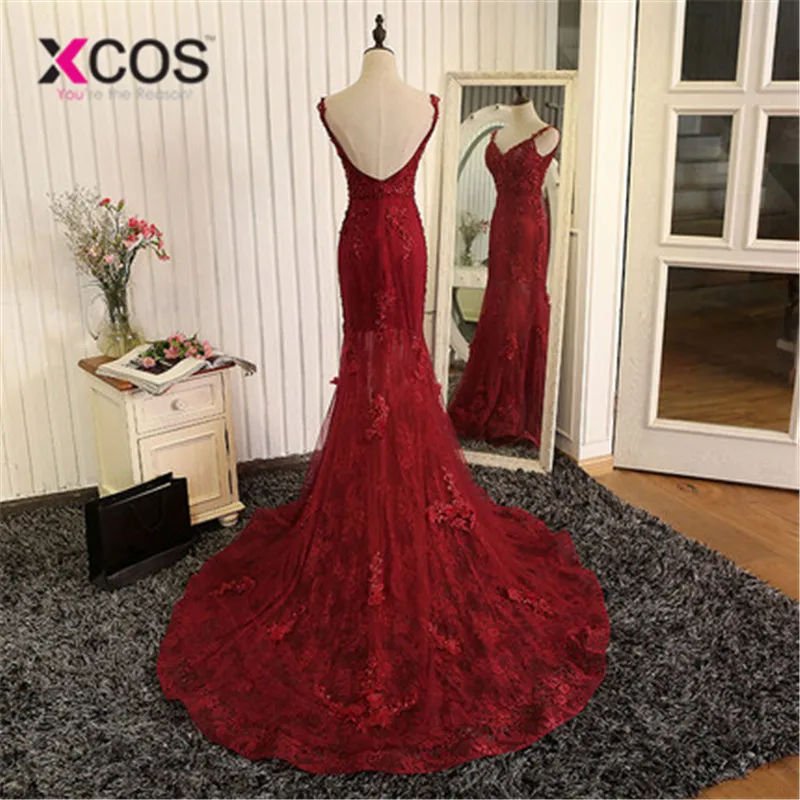 XCOS бургундское Платье De Soiree 2019 Русалка v-образным вырезом Тюль Аппликации Кружева