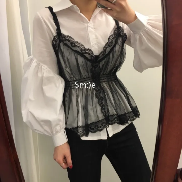 

2020 Women Tops Direct Selling Plus Size Blusas New Ladies Shirt Palace Lady Retro Lace Strap + Puff Sleeve Two Sets Of Female