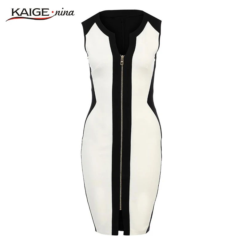 Kaige.Nina Womens White And Black Colorblock Front Zipper Tunic Wear To Work Business Casual Party Pencil Bodycon Sheath Dress | Женская