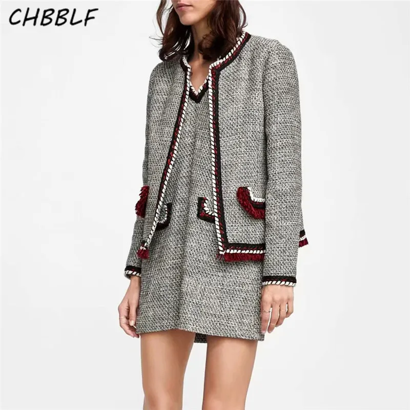 CHBBLF vintage tweed клетчатая куртка пальто кисточкой карманы украсить Длинные рукава