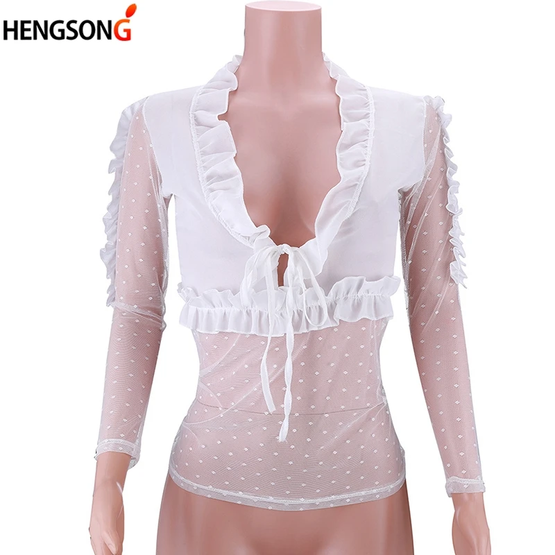 HENGSONG Sexy Mesh Drawstring Lace-up Blouse Perspective Cardigan Shirt Fashion Party Tops Women Blusa Feminina 2018 New |