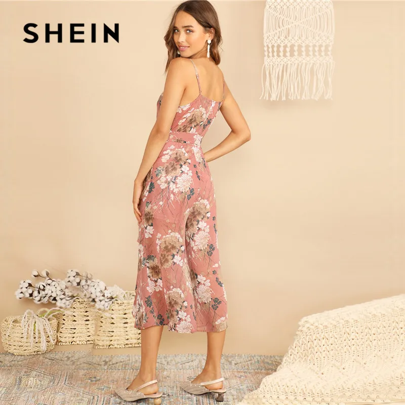 Шеин Boho Surplice Neck Botanical Ruffle Cami широкий комбинезон для женщин глубокий v-образный вырез без рукавов сексуальный комбинезон летний комбинезон